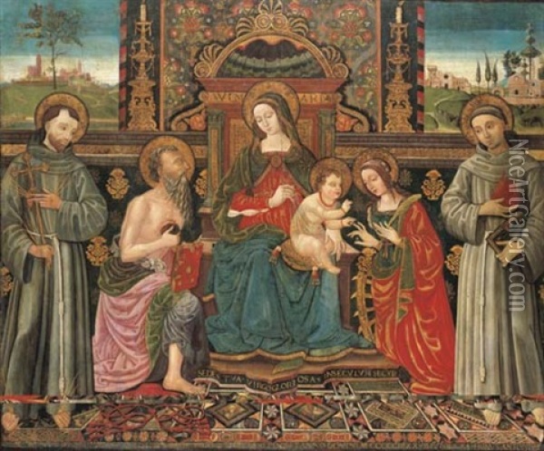 The Madonna And Child Enthroned With Saints Francis Of Assisi, Jerome, Catherine Of Alexandria And Anthony Of Padua Oil Painting -  Antonio Massari da Viterbo