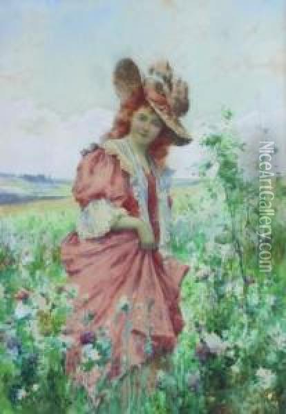 Girl In Peach Dress Oil Painting - Alfred I Glendening