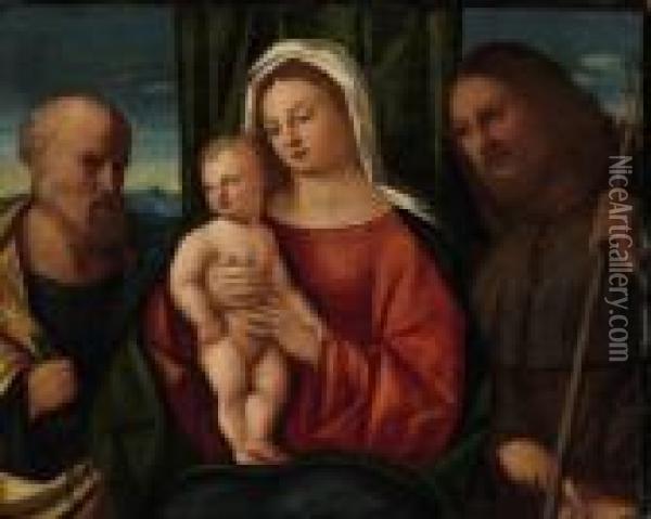 The Madonna And Child With Saints Peter And Roch Oil Painting - Francesco Rizzo Da Santacroce