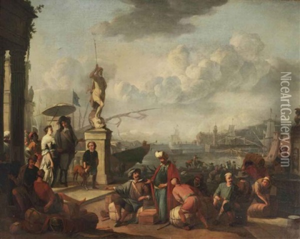 An Italianate Harbor With An Elegant Couple Promenading Near A Statue Of Neptune, And Workmen Unloading The Docks Oil Painting - Johannes Lingelbach