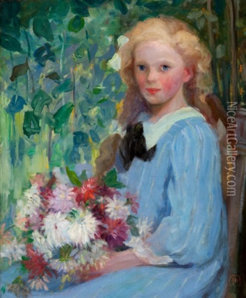 Girl With Flowers Oil Painting - Pauline Palmer