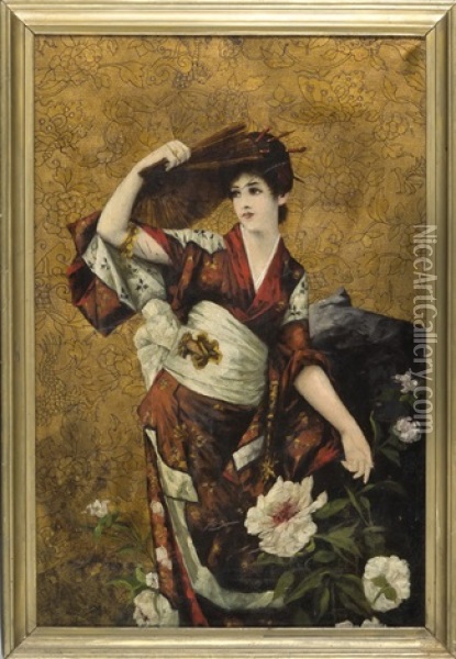 Japanerin Im Kimono Mit Facher Vor Einem Paonienstrauch Stehend Oil Painting - Franz Schier