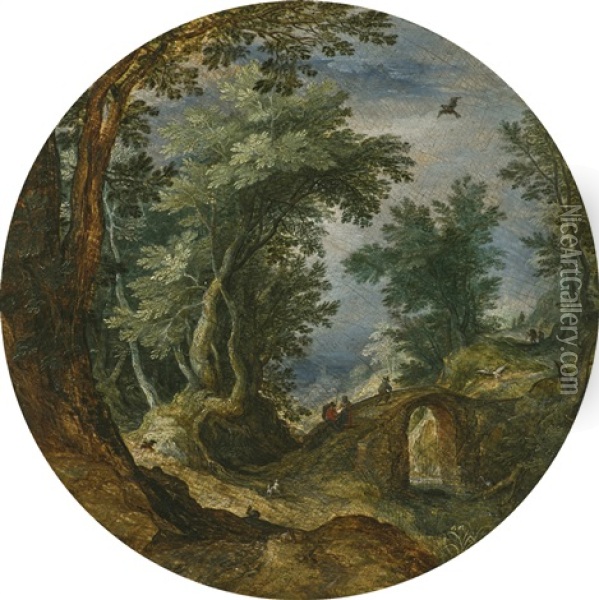 A Wooded Landscape With Figures Crossing A Bridge Oil Painting - Jan Brueghel the Elder