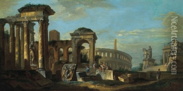 Architetture Con La Torre Delle Milizie E Il Colosseo A Roma Oil Painting - Giovanni Paolo Panini