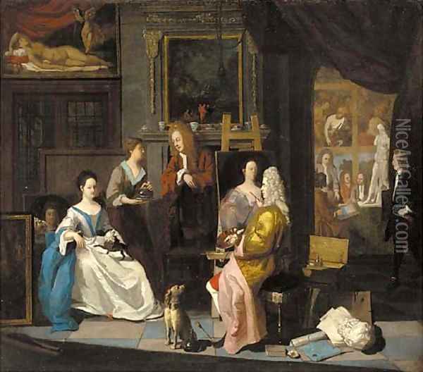 The interior of an artist's studio, with a lady having her portrait painted Oil Painting - Joseph van Aken