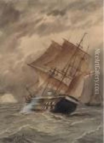 A Royal Naval Two-decker Heeling In The Breeze Oil Painting - William Edward Atkins