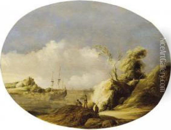 A Coastal Landscape With A Sailing Vessel At Anchor And Figures In The Foreground Oil Painting - Gillis Egidius I Peeters