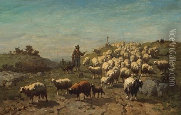 A Shepherd With His Flock Oil Painting - Louis Robbe