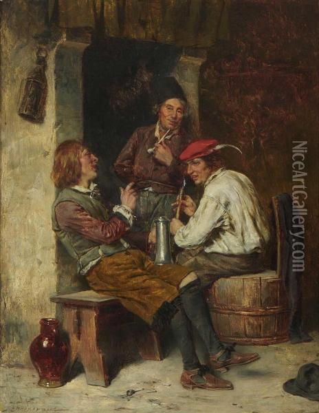 Rauchende Und Trinkende Bauern. Oil Painting - Julius Ehrentraut