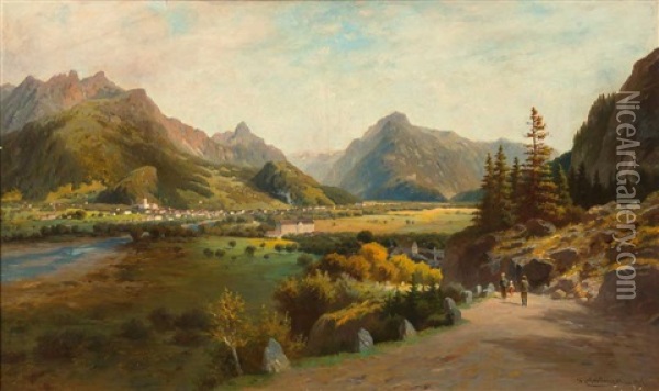 Blick Auf Bludenz Vor Alpenkulisse An Einem Prachtvollen Sommertag Oil Painting - Paul Heitinger