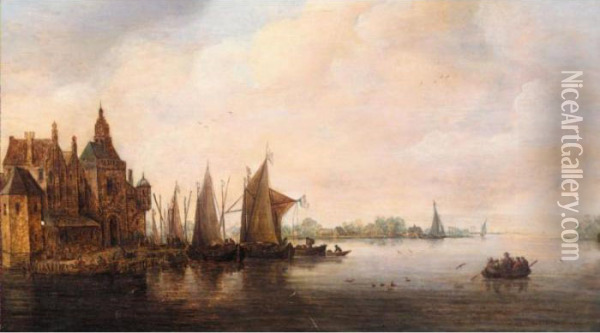 A River Landscape With Various Vessels Moored Beside A Quay Oil Painting - Jan van Goyen