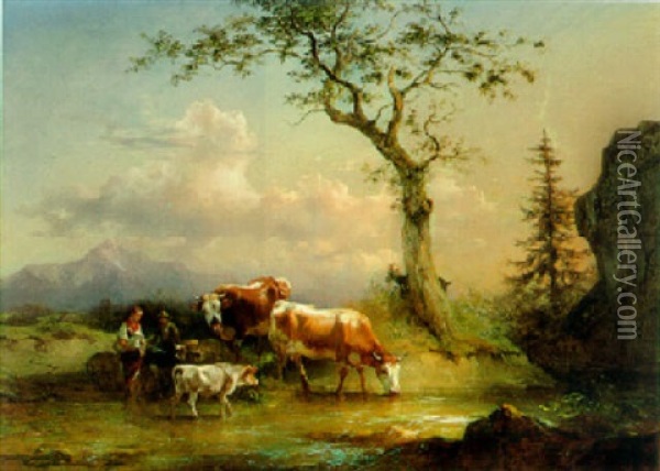 Kuhe Am Wasser Oil Painting - Friedrich Gauermann