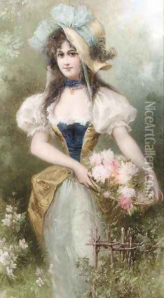 A beauty with roses in a basket Oil Painting - Raimund Ritter Von Brennerstein Wichera