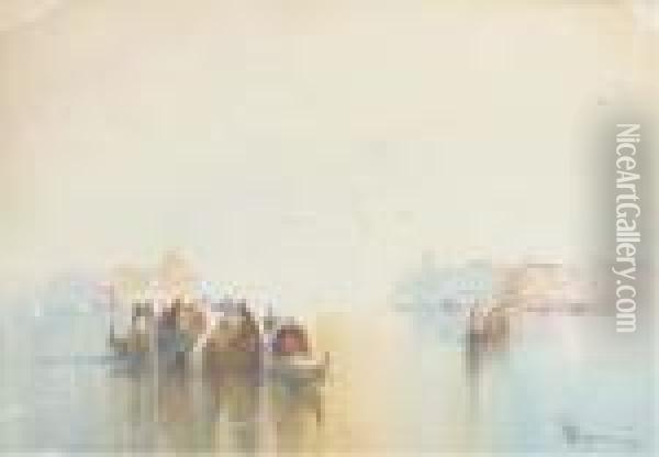Crowded Gondolas On The Lagoon, Venice Oil Painting - William Knox