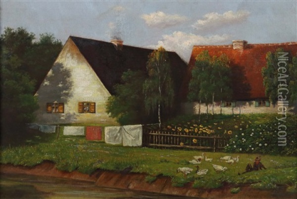 Gansehirte Hinter Dem Gehoft Oil Painting - Paul Wilhelm Keller-Reutlingen