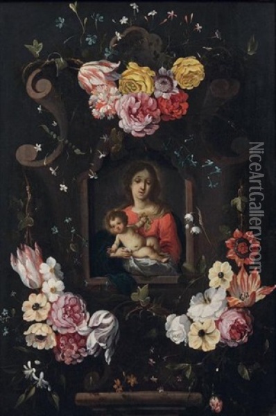 Vierge A L'enfant Avec Des Fleurs En Feston Oil Painting - Cornelis Schut the Elder