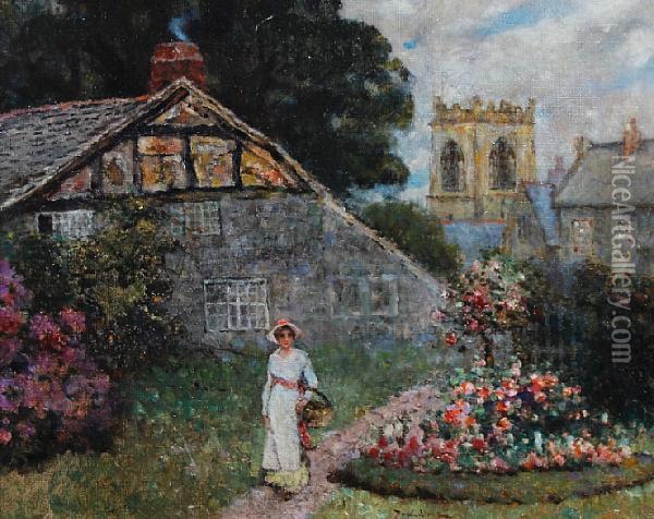 Lady In A Cottage Garden Oil Painting - David Woodlock