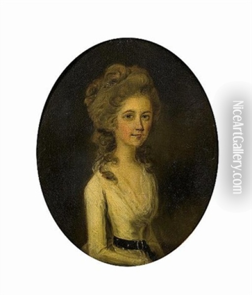 Portrait Of A Blond Lady, Half-length, In A White Dress Seated (+ Portrait Of A Brunette Lady, Half-length, In A White Dress, Seated, Smllr ; Pair) Oil Painting - John Downman