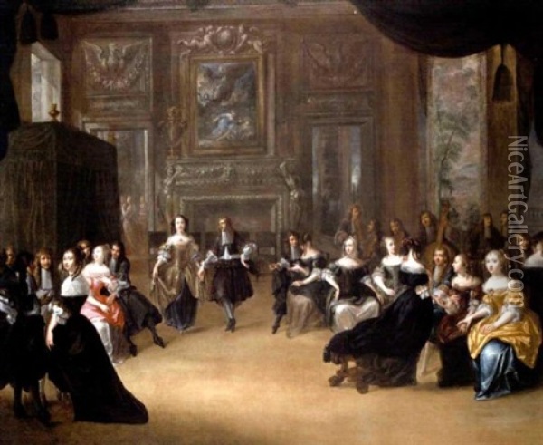 An Elegant Couple Dancing To The Music Of A String Quartet Amid Numerous Other Figures In A Grand Salon Oil Painting - Hieronymous (Den Danser) Janssens