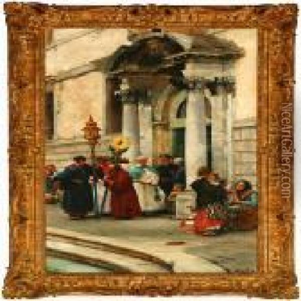 Outside An Italian Church Oil Painting - Henry Woods