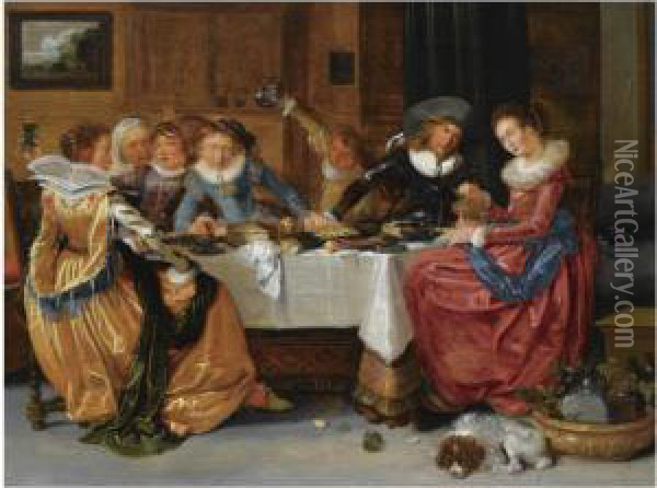 An Elegant Merry Company, Seated Around An Abundantly Laidtable, Drinking, In A Richly Decorated Interior Oil Painting - Hendrick Gerritsz. Pot