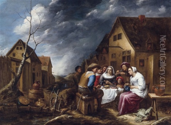 Family Celebration In Front Of A Tavern (1657) Oil Painting - Gillis van Tilborgh