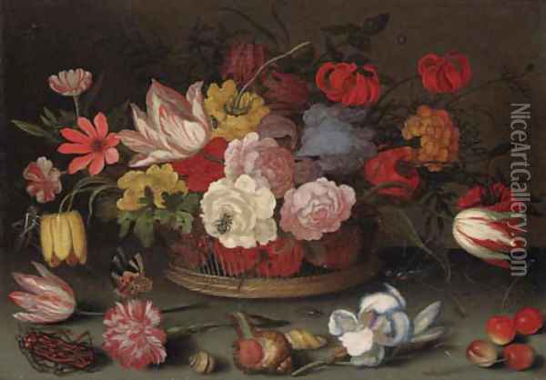 Roses, fritillaries, and lilies in a basket with cherries, shells, and an insect on a table Oil Painting - Balthasar Van Der Ast