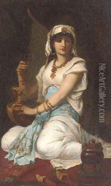 A young girl playing a harp Oil Painting - Simeon Solomon