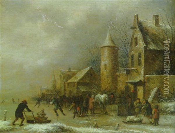 Peasants Skating On A Frozen River By An Inn By A Watchtower Oil Painting - Nicolaes Molenaer