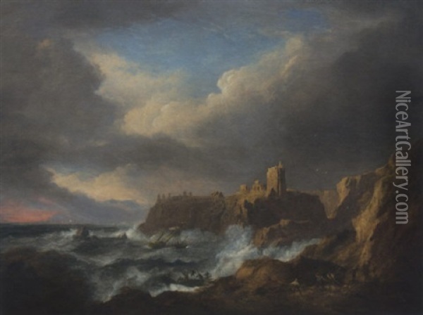 View Of Dunnottar Castle, With Figures On A Beach Watching A Ship On The Rocks Oil Painting - Alexander Nasmyth