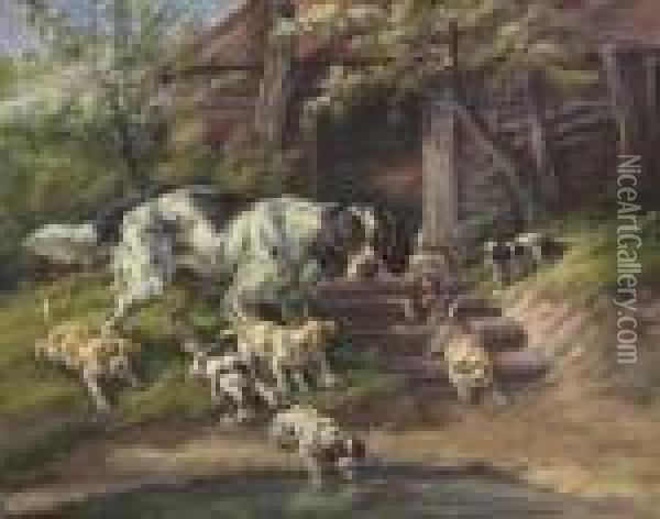 Their First Adventure: A Setter With Her Pups Oil Painting - Edmund Henry Osthaus