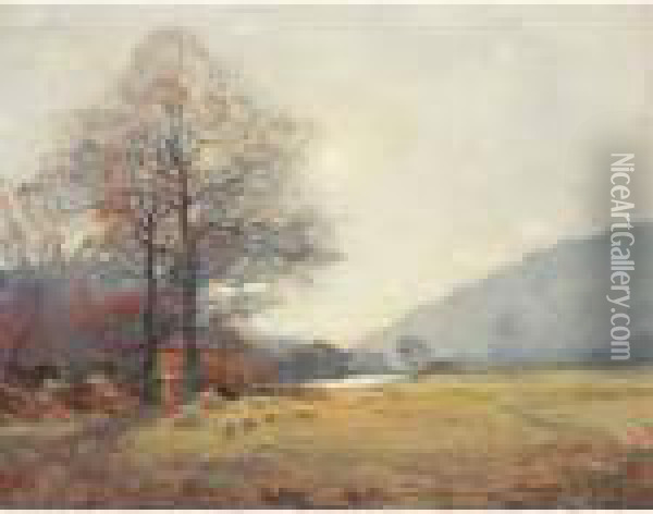 Sheep Grazing In An Autumnal Landscape Oil Painting - Alexander Brownlie Docharty