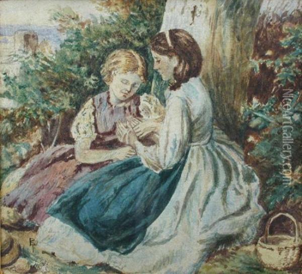 Two Girls Picking Primroses Oil Painting - Myles Birket Foster