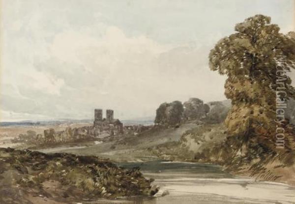 An Extensive Landscape With A Cathedral Oil Painting - William Callow