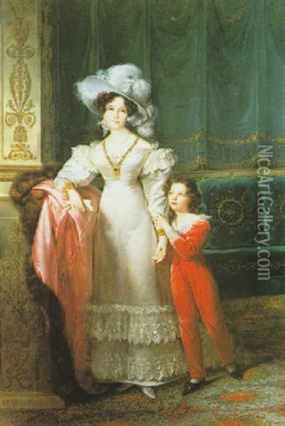 A Portrait Of The Comtesse De Macmahon With Her Grandson, Jules De Bessequier Oil Painting - Francois Joseph Kinsoen