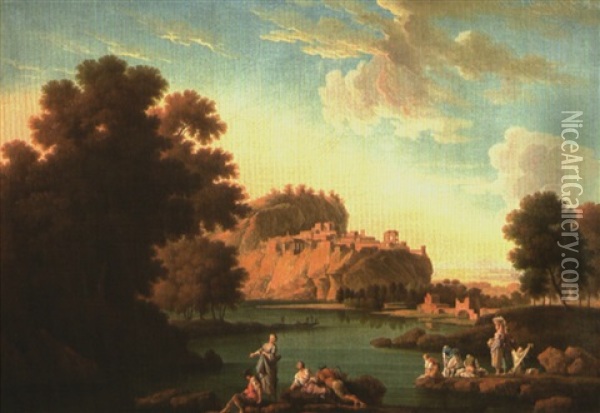 Paysage Avec Pecheurs Et Lavandieres Oil Painting - Charles-Jerome Biot