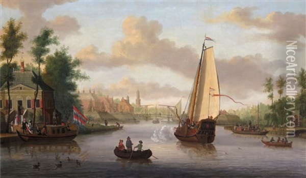 A View Of Nieuwersluis On The River Vecht, With The Church Of Loenen Aan De Vecht In The Distance Oil Painting - Jacobus Storck