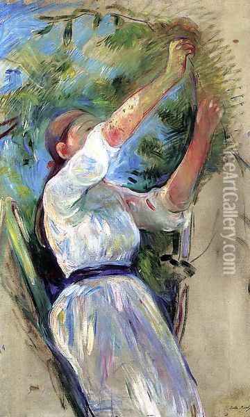 Young Girl Picking Cherries Oil Painting - Berthe Morisot