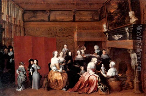 Ladies Celebrating The Birth Of A Child, And Gentlemen      Looking On From Behind A Screen, In An Interior Oil Painting - Hieronymous (Den Danser) Janssens
