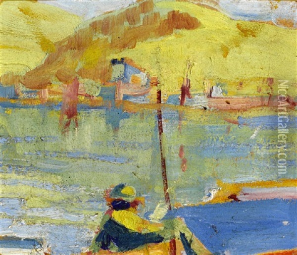 Figure With Red Pole, Lagoon Abstract Oil Painting - Selden Connor Gile