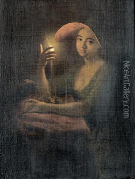 Junge Dame Mit Rotem Hut Im Kerzenschein. Oil Painting - Godfried Schalcken