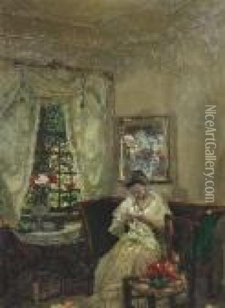 Interior Of A Parlour With A Lady On A Sofa Oil Painting - August Von Brandis