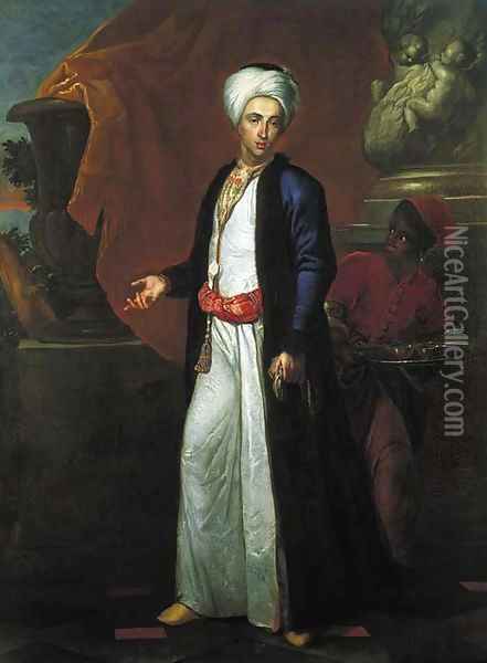 Portrait of a gentleman, full-length, in Ottoman robes, a page beside him, on a terrace before a Solomonic column Oil Painting - Giuseppe Bonito