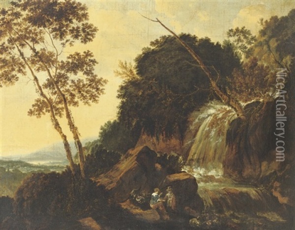 A Mountainous River Landscape With Peasants Oil Painting - Allaert van Everdingen