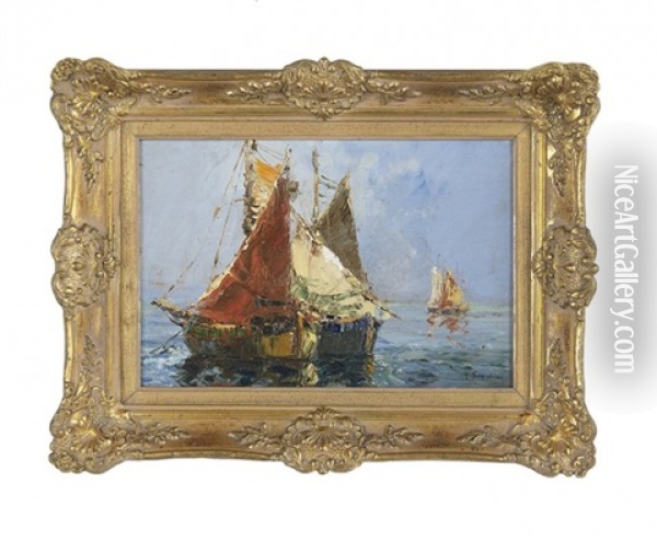 Mediterranean Seascape With Fishing Boats Oil Painting - Georgi Alexandrovich Lapchine