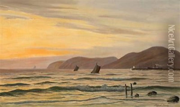 Seascape With View To Hilly Shore Oil Painting - Alfred Olsen