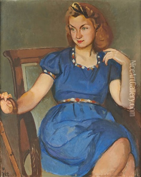 Portrait De Jordaine Melot Du Dy En Bleu Oil Painting - Jean Van Den Eeckhoudt