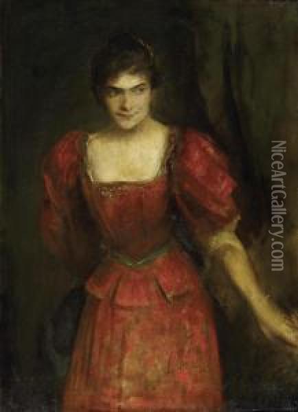Portrait Of A Young Woman Wearing A Red Dress Oil Painting - Franz von Lenbach