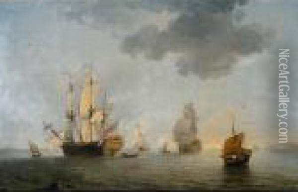 A British Man Of War And Other Shipping Off The Coast Oil Painting - Charles Brooking