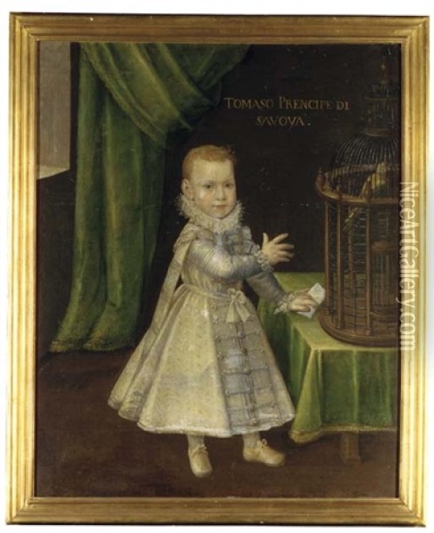 Portrait Of Tommaso Francesco, Prince Of Carignano, As A Child, Full-length, In A Silver Embroidered Coat And A Ruff, A Parrot In A Cage On A Table Beside Him, Before A Green Curtain Oil Painting - Jan Kraek